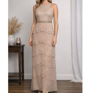 Jessica Howard Lace Tiered Formal Gown 12 Beaded Waist Wedding Guest Dress